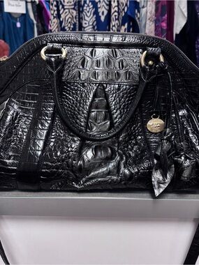 Brahmin Black Croc-Embossed Satchel with Tassel Charm